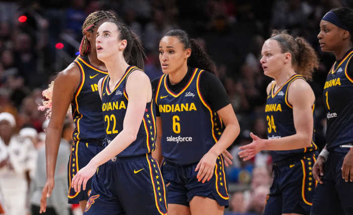Indiana Fever guard Caitlin Clark (22) walks off the court during a time-out Thursday, May 9, 2024, during the preseason game against the Atlanta Dream at Gainbridge Fieldhouse in Indianapolis.