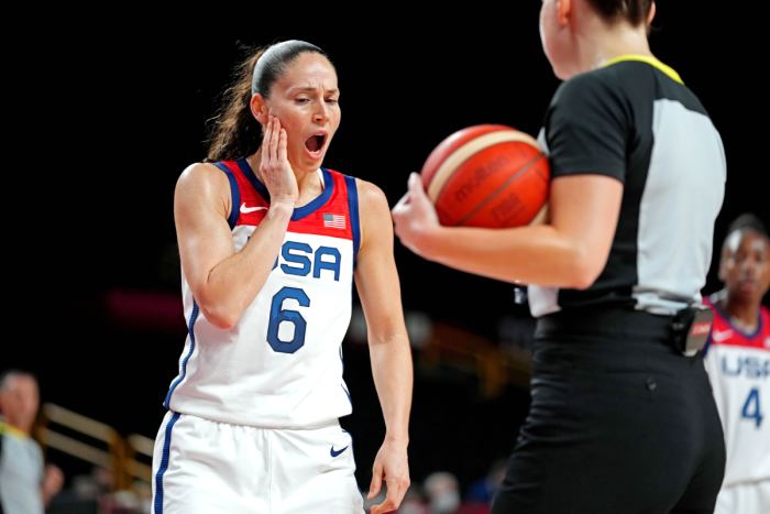 United States guard Sue Bird (6) reacts after a play against Japan in women's basketball group B play during the Tokyo 2020 Olympic Summer Games at Saitama Super Arena.