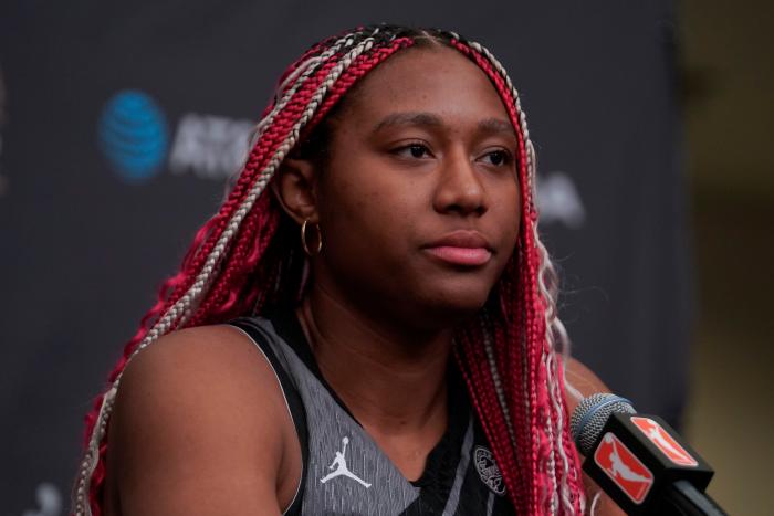 Jul 15, 2023; Las Vegas, NV, USA; Team Wilson frontcourt Aliyah Boston (7) answers questions during a press conference prior to the 2023 WNBA All-Star Game at Michelob Ultra Arena.