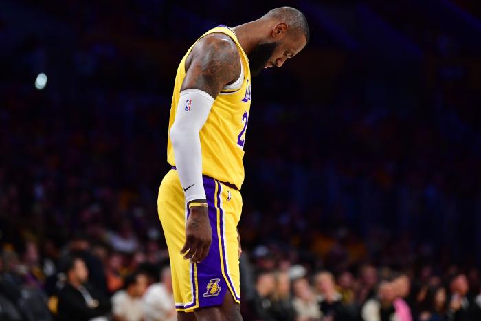 Apr 25, 2024; Los Angeles, California, USA; Los Angeles Lakers forward LeBron James (23) reacts during the first half in game three of the first round for the 2024 NBA playoffs at Crypto.com Arena. Mandatory Credit: Gary A. Vasquez-USA TODAY Sports