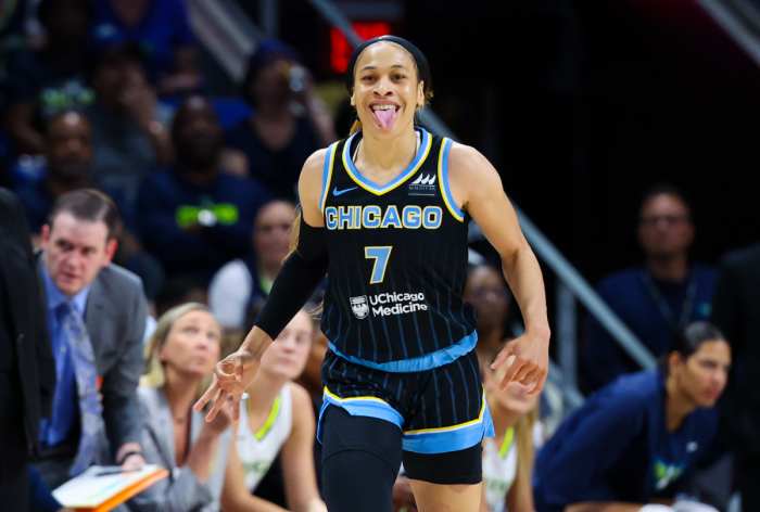 Chicago Sky guard Chennedy Carter (7) reacts during the first quarter against the Dallas Wings at College Park Center.