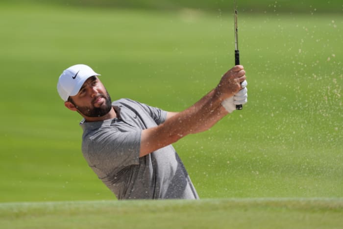 Scottie Scheffler hits out of the bunker onto the seventh hole during the third round of the PGA Championship at Valhalla Golf Club on Saturday, May 18, 2024.