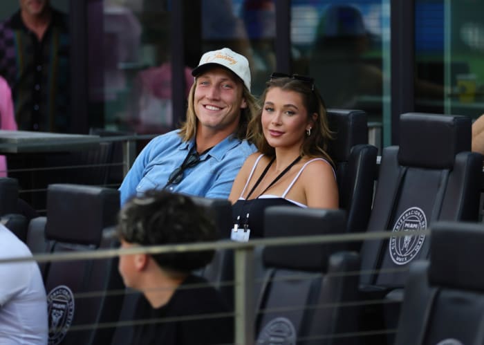 Jacksonville Jaguars quarterback Trevor Lawrence with wife Marissa Lawrence at Chase Stadium.