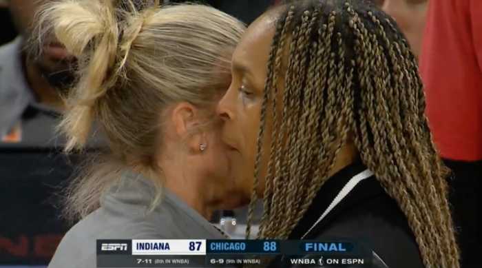 Christie Sides and Teresa Weatherspoon having a postgame conversation after the Indiana Fever vs. Chicago Sky game on June 23, 2024.