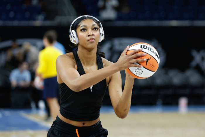 Chicago Sky forward Angel Reese (5) warms up before a basketball game against the Indiana Fever at Wintrust Arena.