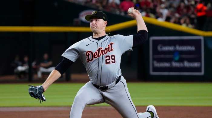 Detroit Tigers pitcher Tarik Skubal pitches against the Arizona Diamondbacks at Chase Field on May 17, 2024.