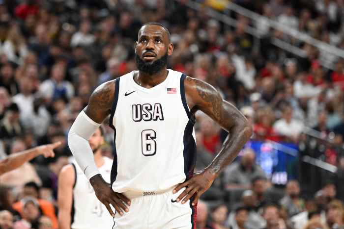 USA forward Lebron James (6) looks on during the third quarter against Canada in the USA Basketball Showcase at T-Mobile Arena.