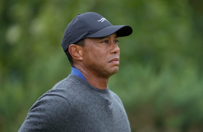 Tiger Woods on the 12th tee during the first round of the Open Championship golf tournament at Royal Troon.
