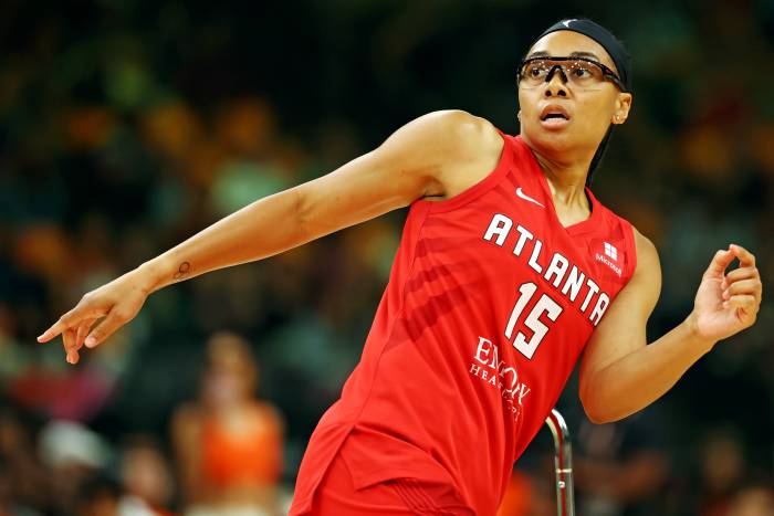 Atlanta Dream player Allisha Gray participates in the 3-point contest