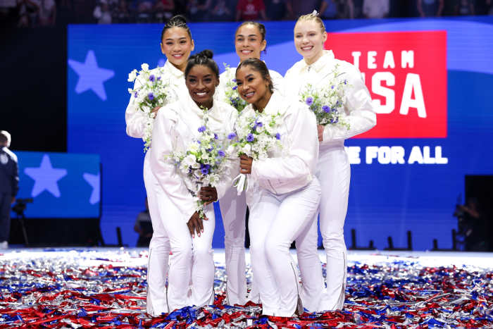 Sunisa Lee, Hezly Rivera, Jade Carey, Simone Biles and Jordan Chiles after being selected for the 2024 U.S. Olympic Women's gymnastics team on June 30, 2024.