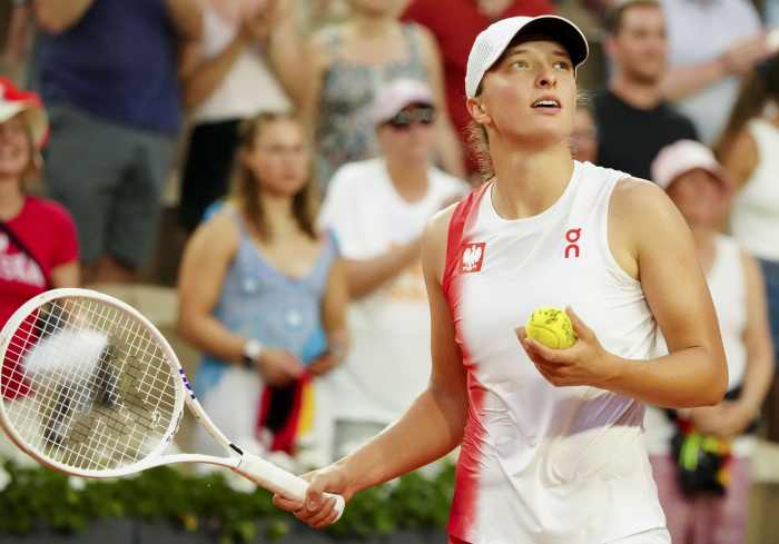 Jul 31, 2024; Paris, France; Iga Swiatek (Poland) during the Paris 2024 Olympic Summer Games at Stade Roland Garros.