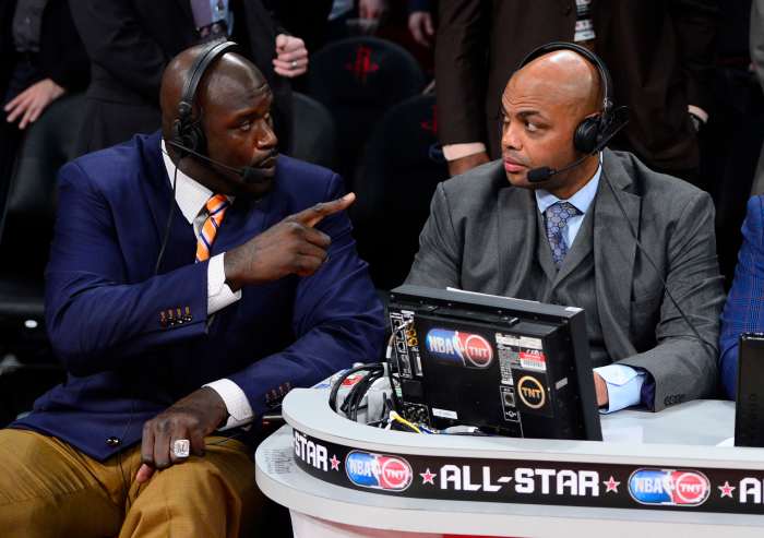 Charles Barkley and Shaq wearing headsets on TNT