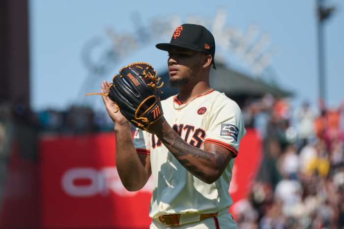 San Francisco Giants pitcher Camilo Doval (75) reacts after the last out in the game against the Colorado Rockies during the ninth inning at Oracle Park. 