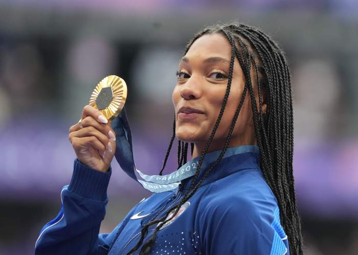 U.S. Olympian Tara Davis-Woodhall's Candid Reaction To Gold Medal Tie ...