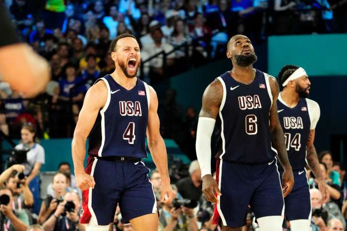 Golden State Warriors guard Steph Curry and Los Angeles Lakers forward LeBron James at the Paris Olympics