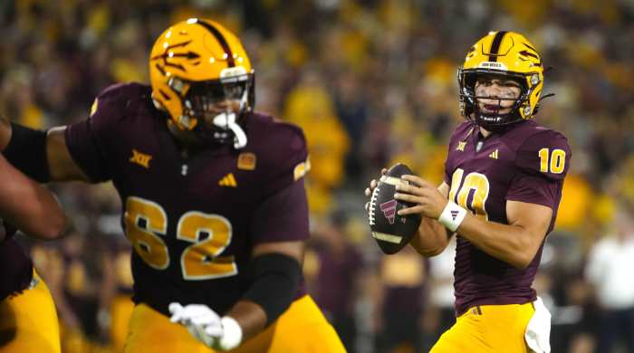 ASU quarterback Sam Leavitt (10) looks for a receiver during a game against Wyoming at Mountain America Stadium on Aug. 31, 2024, in Tempe.