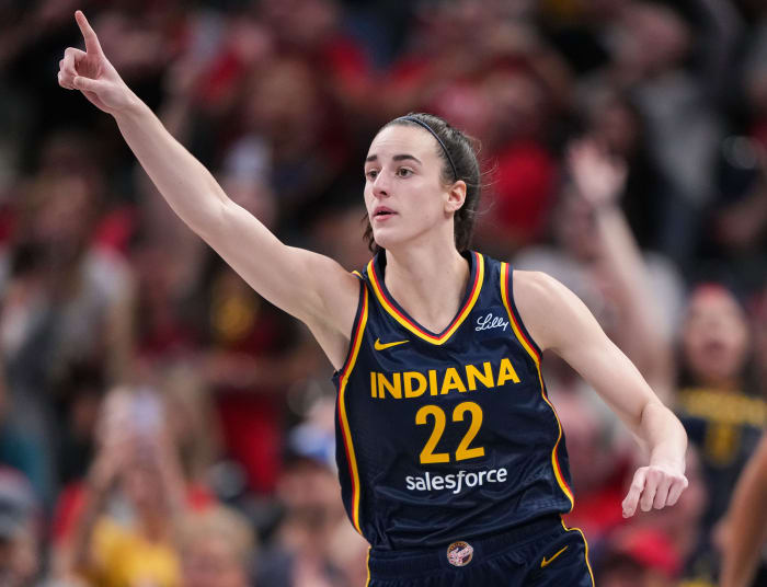 Indiana Fever guard Caitlin Clark (22) rushes up the court Wednesday, Sept. 4, 2024, during the game at Gainbridge Fieldhouse in Indianapolis. The Indiana Fever defeated the Los Angeles Sparks, 93-86.