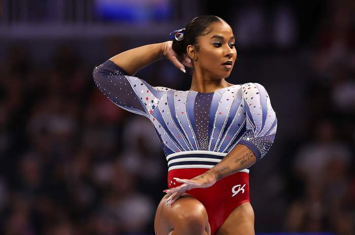 Jun 28, 2024; Minneapolis, Minnesota, USA; Jordan Chiles competes on the beam during the U.S. Olympic Team Gymnastics Trials at Target Center.