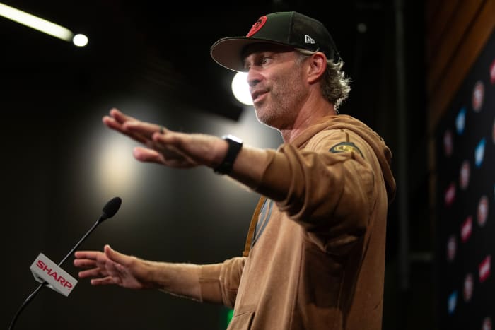 Jul 25, 2024; Santa Clara, CA, USA; San Francisco 49ers defensive coordinator Nick Sorensen answers questions at a press conference following Day 3 of training camp at SAP Performance Facility.