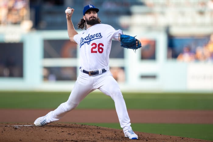 Aug 12, 2023; Los Angeles, California, USA; Los Angeles Dodgers starting pitcher Tony Gonsolin (26) throws a pitch against the Colorado Rockies during the third inning at Dodger Stadium.