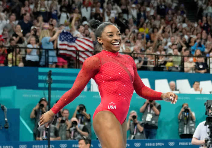 Gymnast Simone Biles competes at the Paris Olympics at Bercy Arena on August 3, 2024.