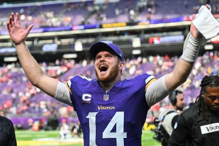 Sep 15, 2024; Minneapolis, Minnesota, USA; Minnesota Vikings quarterback Sam Darnold (14) reacts after the game against the San Francisco 49ers at U.S. Bank Stadium. Mandatory Credit: Jeffrey Becker-Imagn Images