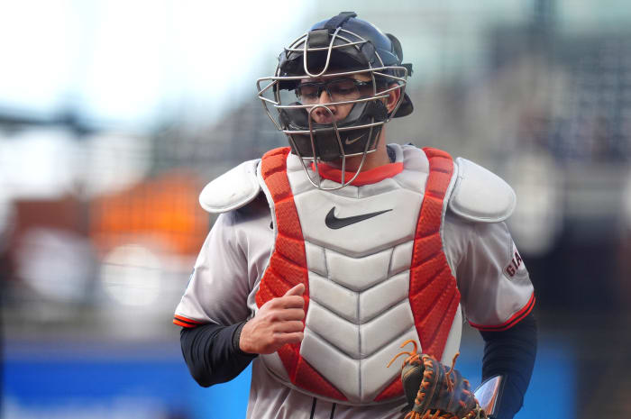 May 8, 2024; Denver, Colorado, USA; San Francisco Giants catcher Blake Sabol (21) during the first inning against the Colorado Rockies at Coors Field