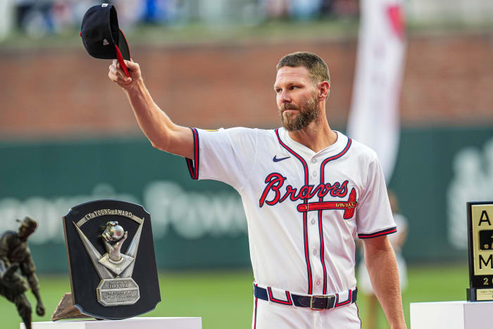 Apr 9, 2025; Cumberland, Georgia, USA; Atlanta Braves pitcher Chris Sale (51) reacts to the fans as he is honored for winning the 2024 NL Cy Young Award and other awards prior to the game against the Philadelphia Phillies at Truist Park.