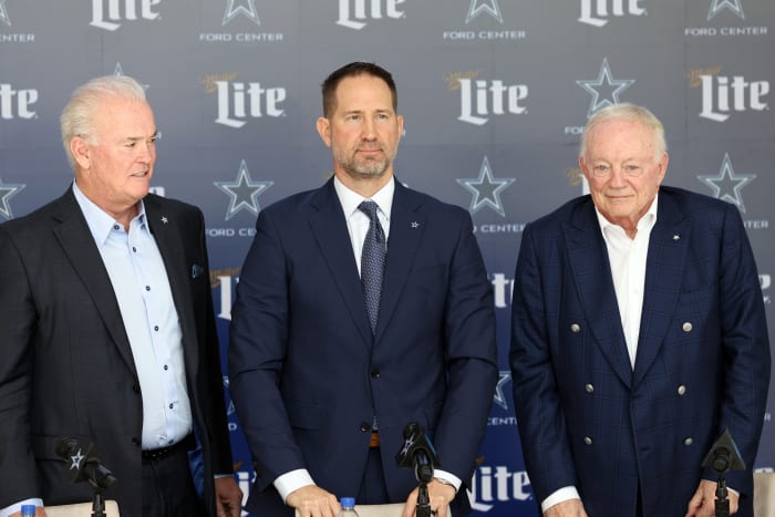 Dallas Cowboys CEO Stephen Jones, head coach Brian Schottenheimer, and owner Jerry Jones