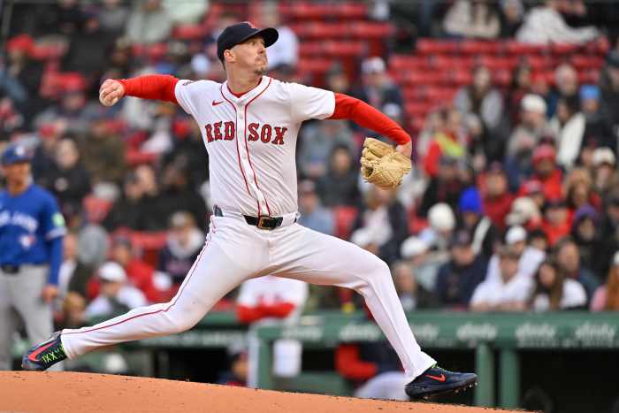 Apr 10, 2025; Boston, Massachusetts, USA; Boston Red Sox pitcher Walker Buehler (0) pitches against the Toronto Blue Jays during the fifth inning at Fenway Park.