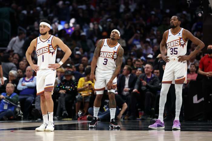 Phoenix Suns stars Devin Booker (1), Bradley Beal (3) and Kevin Durant (35)
