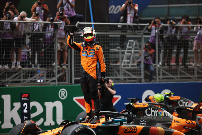 Oscar Piastri celebrates after winning the Chinese Grand Prix
