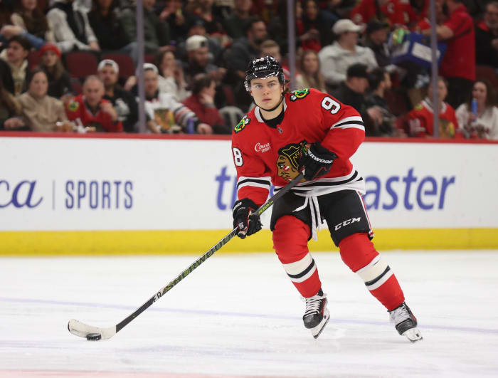 Chicago Blackhawks center Connor Bedard (98) skates with the puck at United Center.