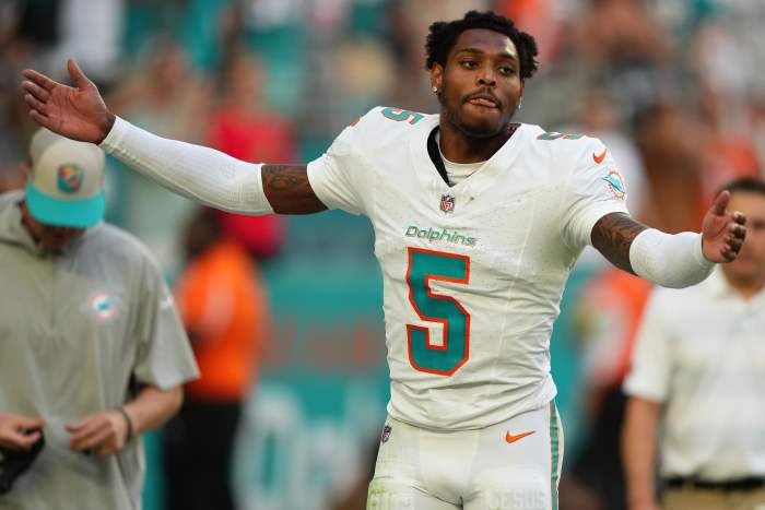 Miami Dolphins cornerback Jalen Ramsey (5) celebrates after his interception against the Las Vegas Raiders during the second half at Hard Rock Stadium.
