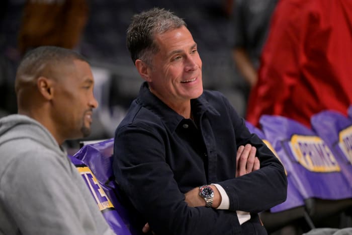 Los Angeles Lakers general manager Rob Pelinka prior to the game against the Orlando Magic at Crypto.com Arena.