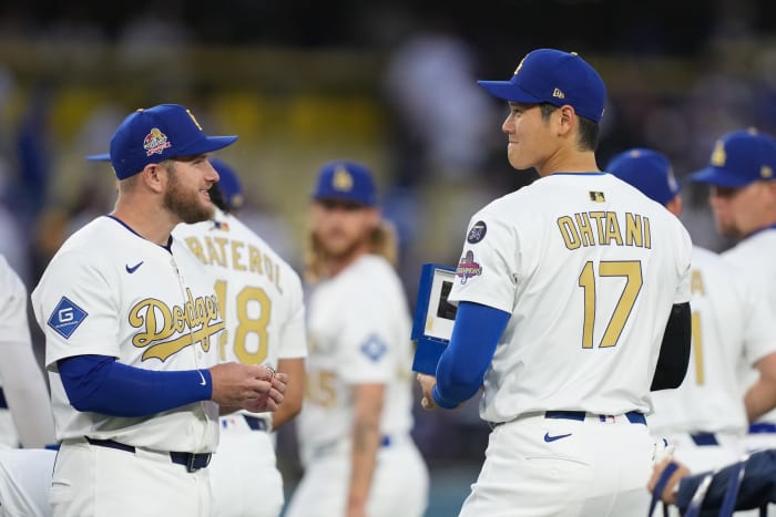 Los Angeles Dodgers pitcher Shohei Ohtani (17) during the ring ceremony prior to the game against the Detroit Tigers at Dodger Stadium.