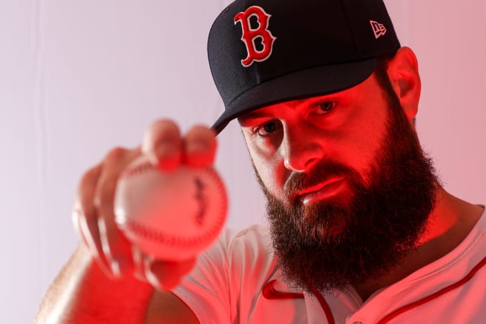Boston Red Sox pitcher Lucas Giolito (54) participates in media day at JetBlue Park at Fenway South.