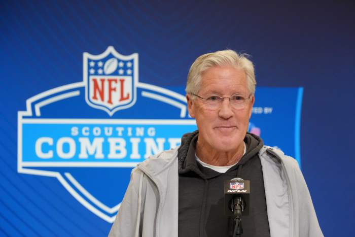 Las Vegas Raiders HC Pete Carroll speaks to the media at the NFL combine.