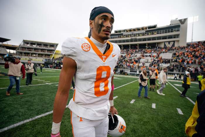 Tennessee quarterback Nico Iamaleava (8) exits the field