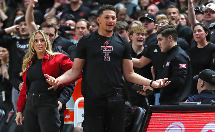 Kansas City Chiefs player and Texas Tech Red Raiders alumni Patrick Mahomes II reacts to a call in the second half in the game against the Houston Cougars at United Supermarkets Arena.