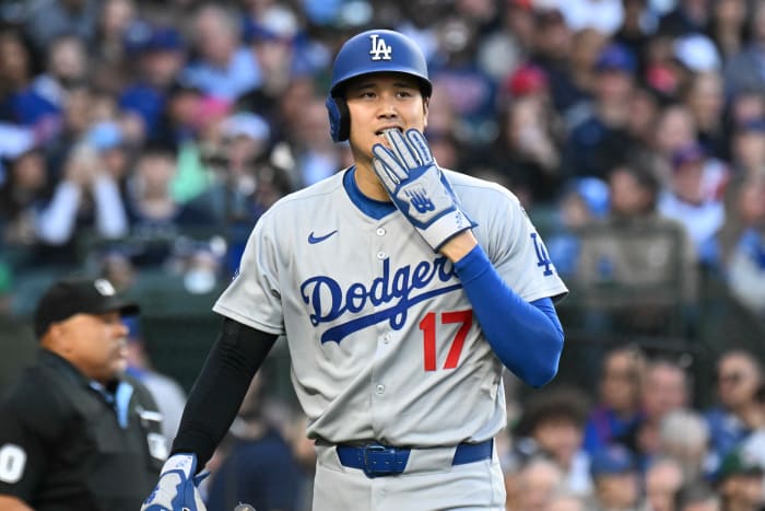 Los Angeles Dodgers two-way player Shohei Ohtani (17) after running against the Chicago Cubs during the third inning at Wrigley Field.