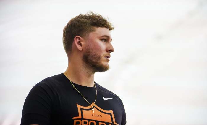 Former Longhorns Quinn Ewers participates in Texas' Pro Day at the Texas Football Training Facility on Tuesday, March 25, 2025.