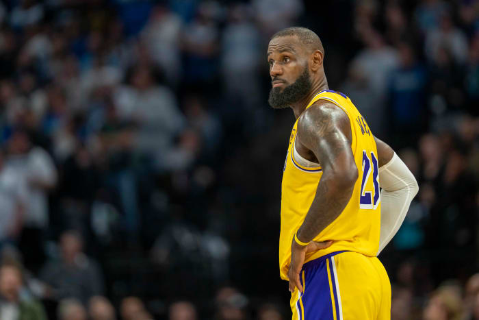 Apr 25, 2025; Minneapolis, Minnesota, USA; Los Angeles Lakers forward LeBron James (23) looks on against the Minnesota Timberwolves in the second half during game three of first round for the 2024 NBA Playoffs at Target Center. Mandatory Credit: Jesse Johnson-Imagn Images  
