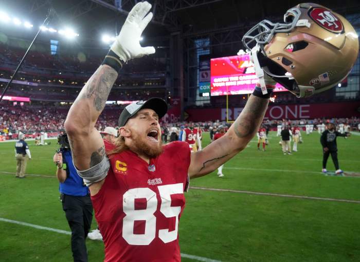 San Francisco 49ers tight end George Kittle (85) celebrates after the game against the Arizona Cardinals at State Farm Stadium.