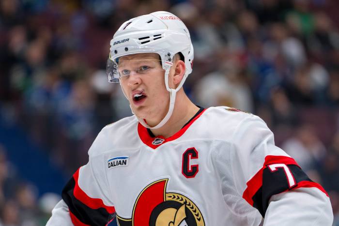 Ottawa Senators forward Brady Tkachuk (7) during a stop in play at Rogers Arena.