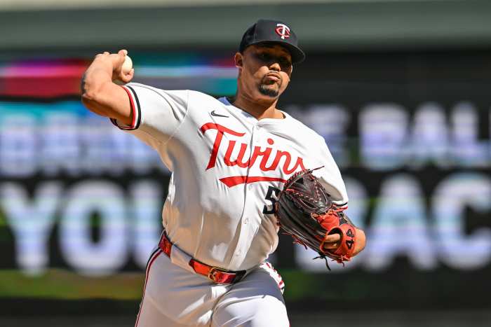 Minnesota Twins pitcher Jhoan Duran (59) throws a pitch against the Los Angeles Angels during the ninth inning at Target Field.