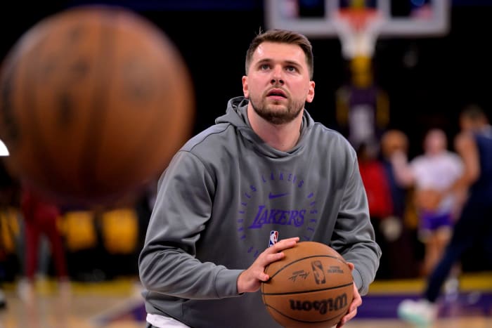 Apr 19, 2025; Los Angeles, California, USA; Los Angeles Lakers guard Luka Doncic (77) warms up prior to the game against the Minnesota Timberwolves at Crypto.com Arena. Mandatory Credit: Jayne Kamin-Oncea-Imagn Images  