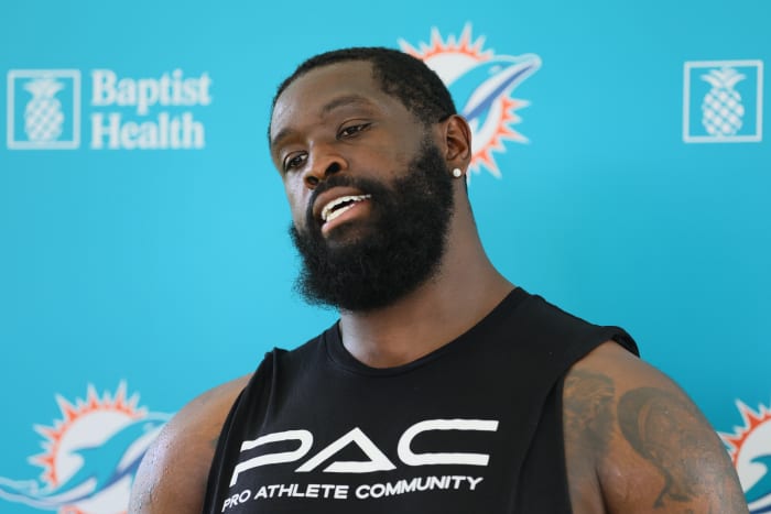 Aug 15, 2024; Miami Gardens, FL, USA; Miami Dolphins offensive tackle Terron Armstead (72) talks to reporters after joint practice with the Washington Commanders at Baptist Health Training Complex