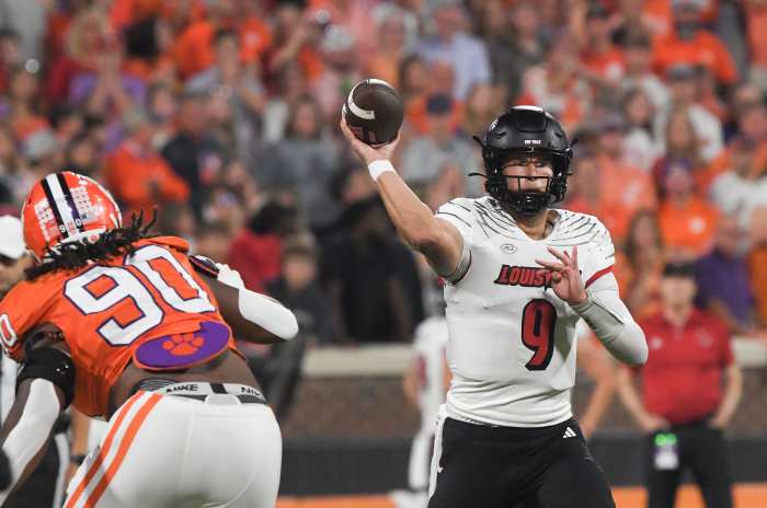 Louisville Cardinals quarterback Tyler Shough (9) throws a pass against the Clemson Tigers. Mandatory Credit: Ken Ruinard-Imagn Images