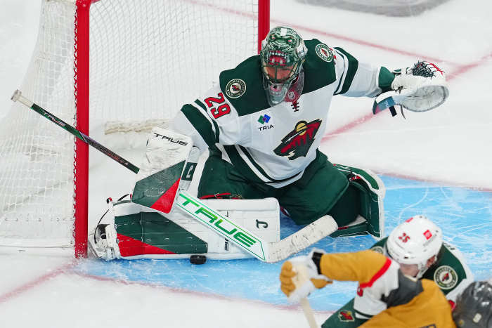 Minnesota Wild goaltender Marc-Andre Fleury (29) makes a save against the Vegas Golden Knights at T-Mobile Arena.